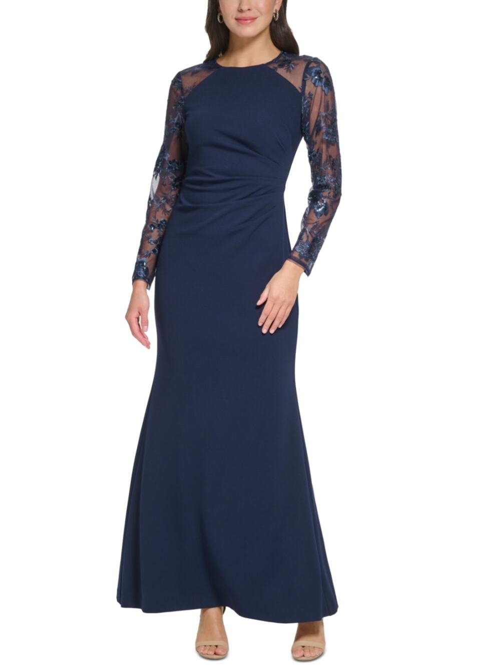Eliza J Blue Evening Gown Sequined Lace Long Sleeve A-Line Formal Dress Size 14